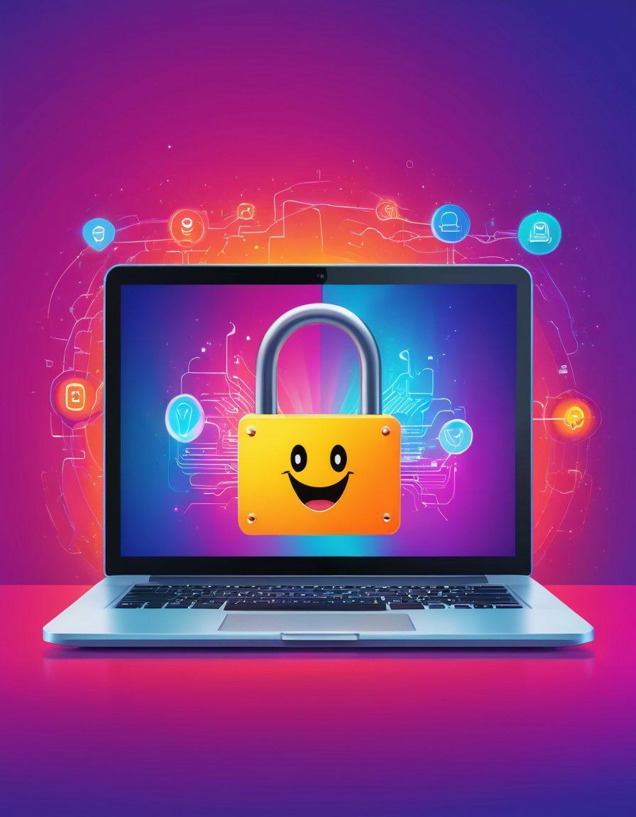 An abstract representation of online safety with a balanced combination of a padlock symbol and a Wi-Fi signal, subtly incorporating elements of enjoyment such as a smiling face and a thumbs-up icon, all against a backdrop of a computer screen. vibrant colors. vector art.