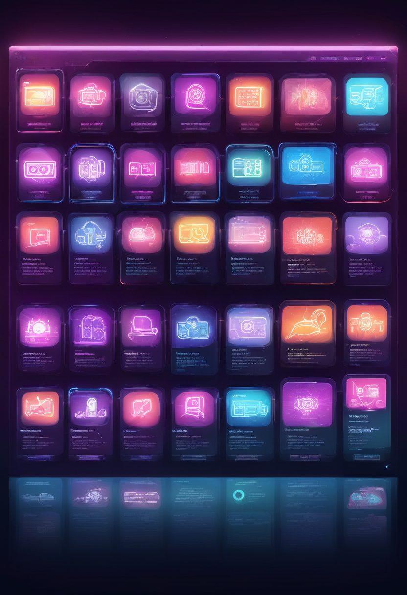 A vibrant and modern web interface filled with various screens displaying adult content thumbnails, surrounded by sleek icons representing trending topics, tips, and top-rated sites. The background should be a dynamic blend of neon lights and digital networks symbolizing the internet. Ensure a tasteful and abstract representation respecting audience sensibilities, avoiding explicit content. vector art. vibrant colors. neon highlights.